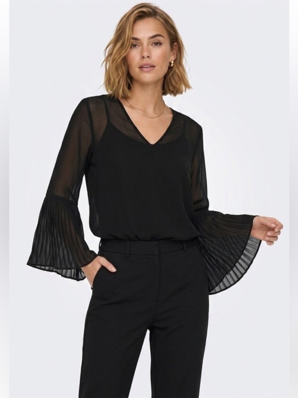 Vero Moda Black Pleated Bell Sleeve V-Neck Blouse Semi Sheer Sleeves Size Small